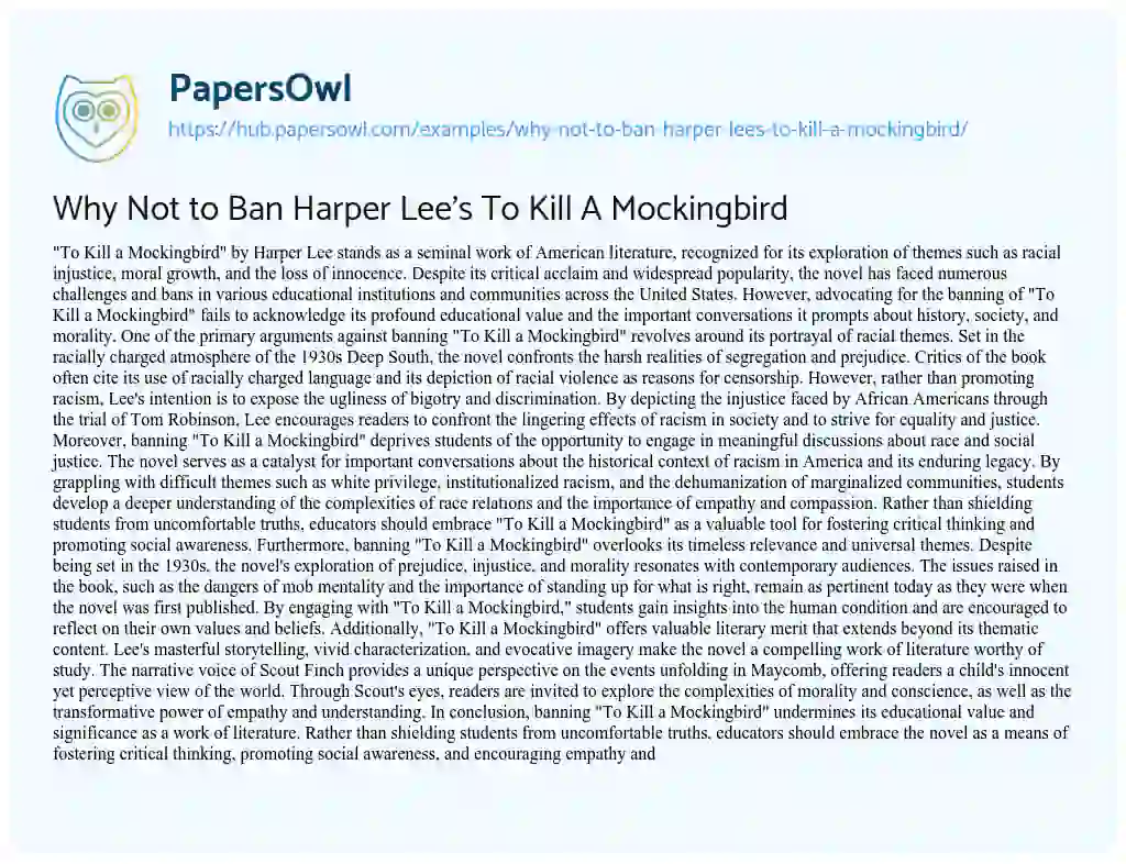 Essay on Why Not to Ban Harper Lee’s To Kill A Mockingbird