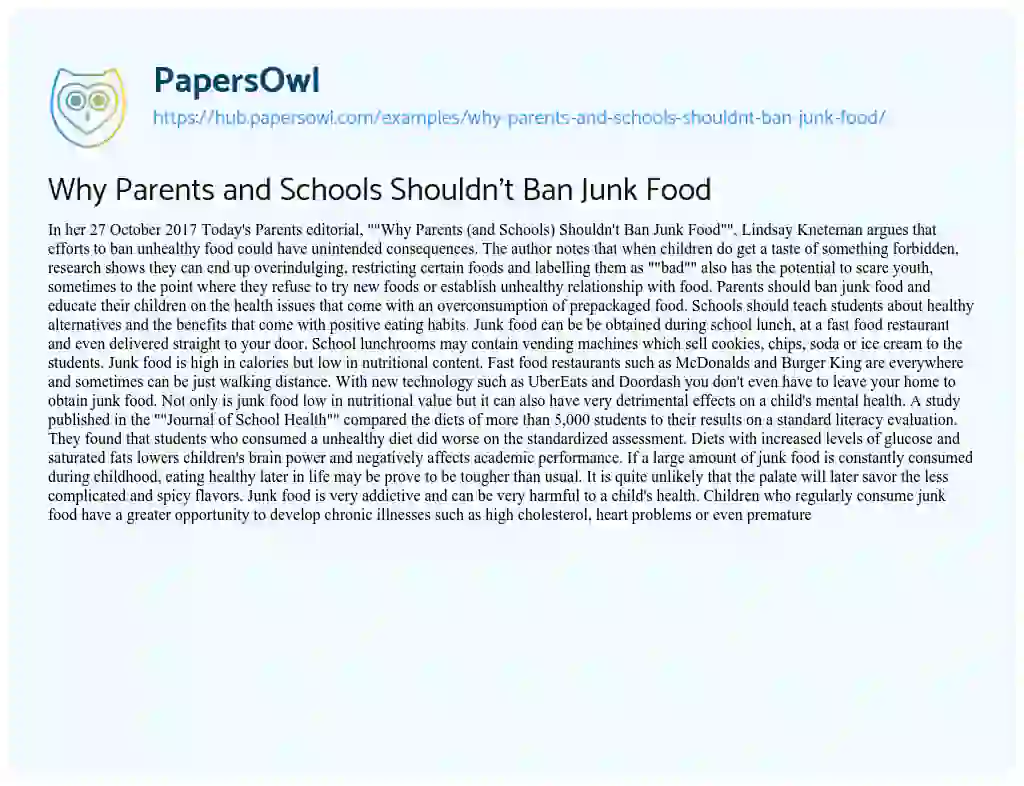 Essay on Why Parents and Schools Shouldn’t Ban Junk Food