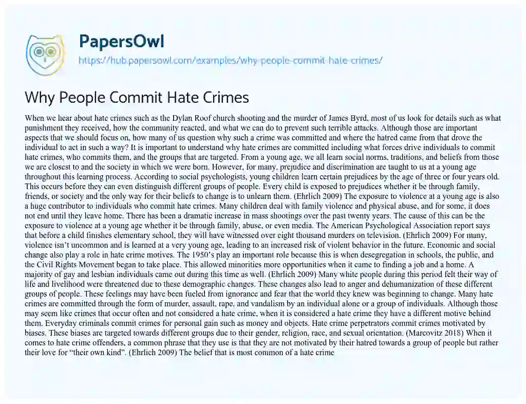 Essay on Why People Commit Hate Crimes
