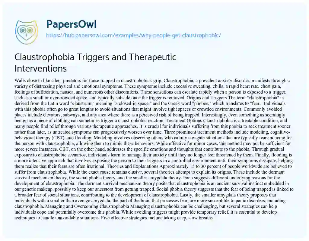 Essay on Claustrophobia Triggers and Therapeutic Interventions