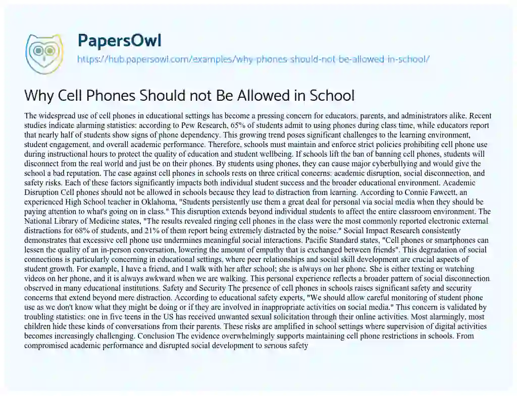 Essay on Why Cell Phones Should not Be Allowed in School