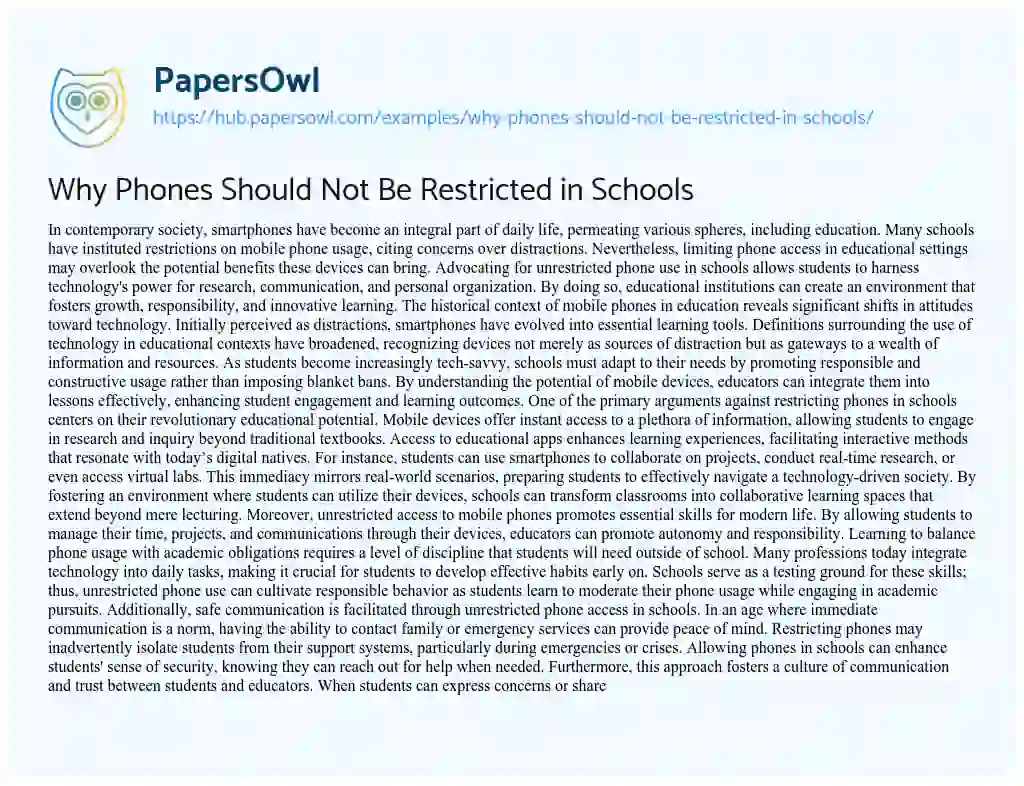 Essay on Why Phones Should Not Be Restricted in Schools