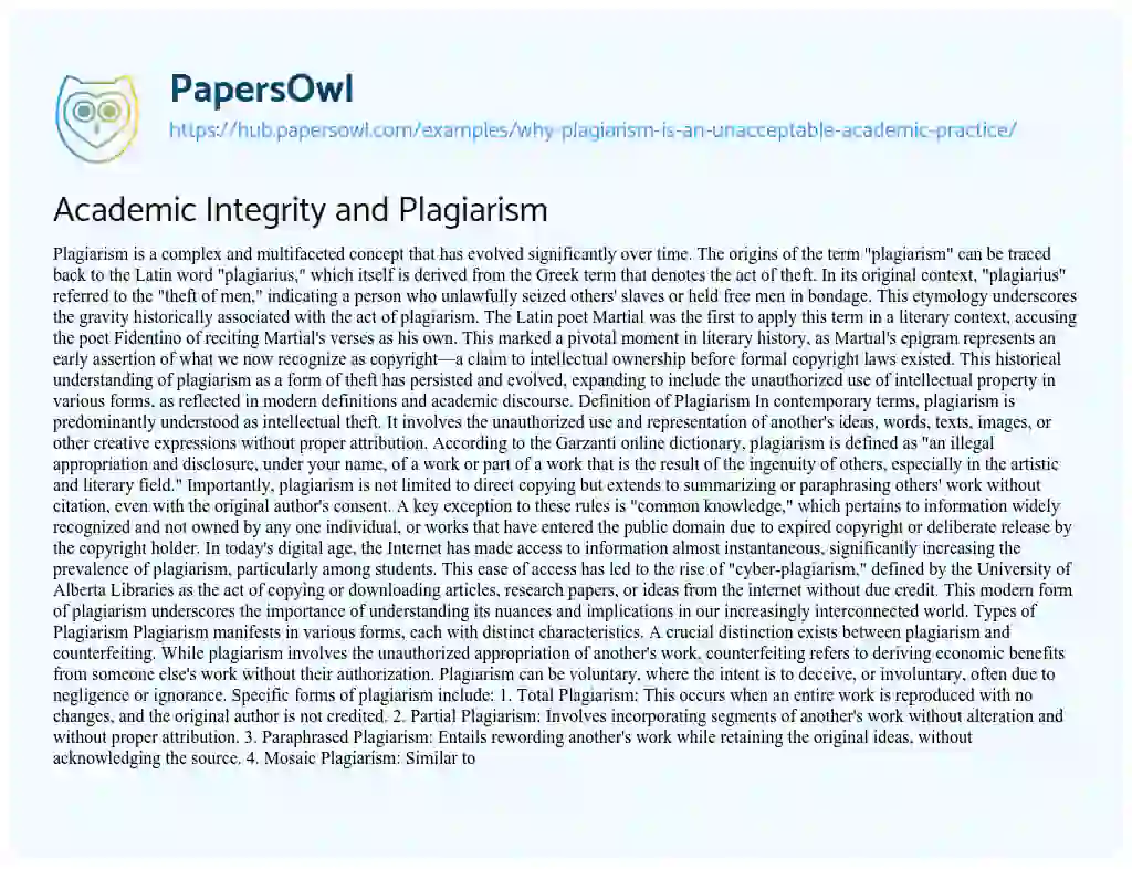 Essay on Academic Integrity and Plagiarism