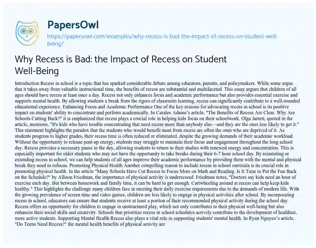 Essay on Why Recess is Bad: the Impact of Recess on Student Well-Being