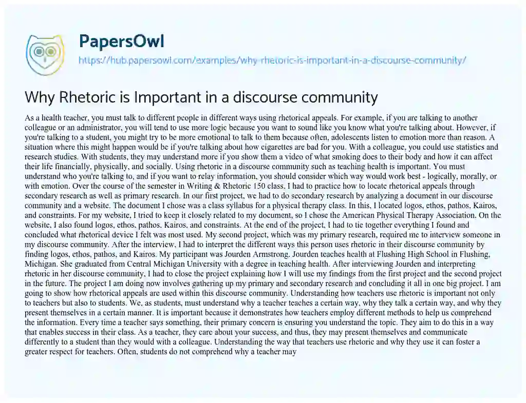 Essay on Why Rhetoric is Important in a discourse community
