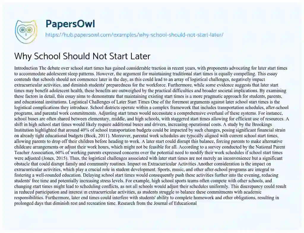 Essay on Why School Should Not Start Later