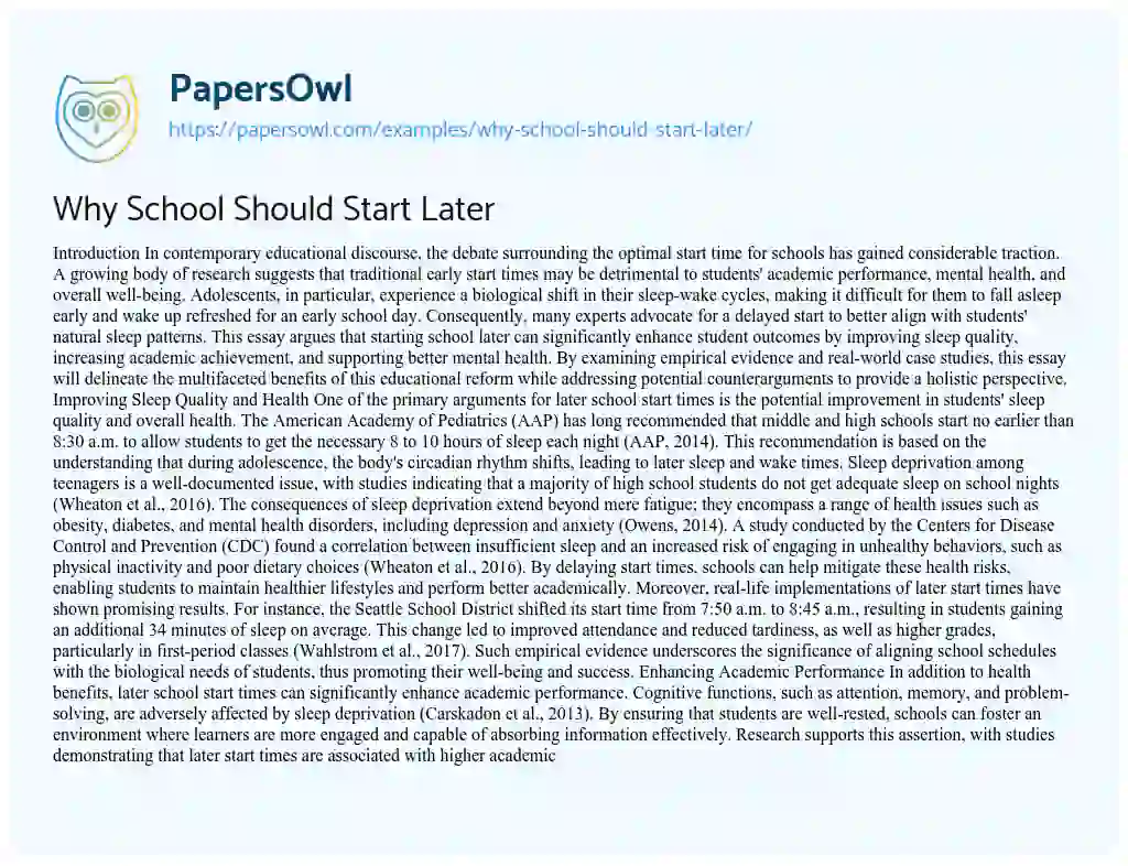Essay on Why School Should Start Later