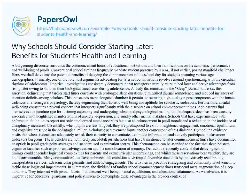 Essay on Why Schools Should Consider Starting Later: Benefits for Students’ Health and Learning