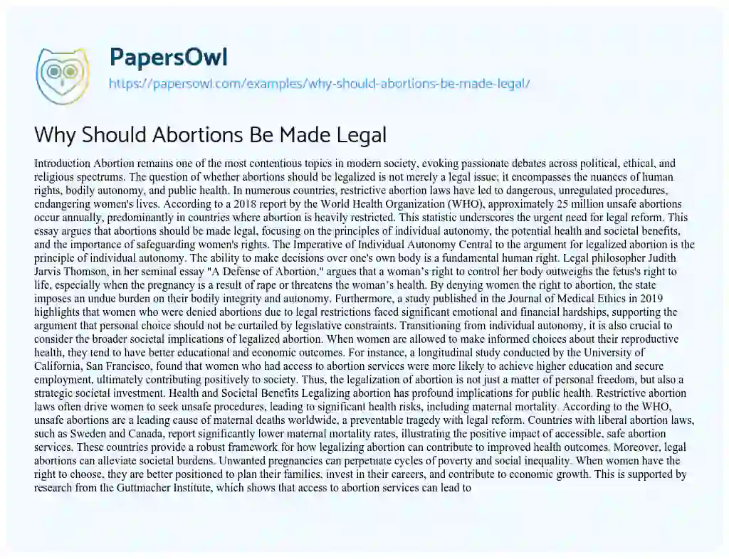 Essay on Why Should Abortions Be Made Legal