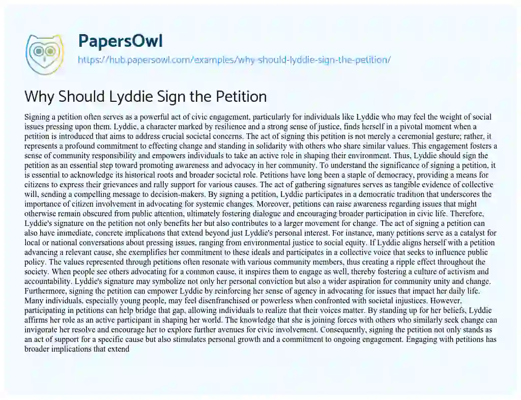 Essay on Why Should Lyddie Sign the Petition