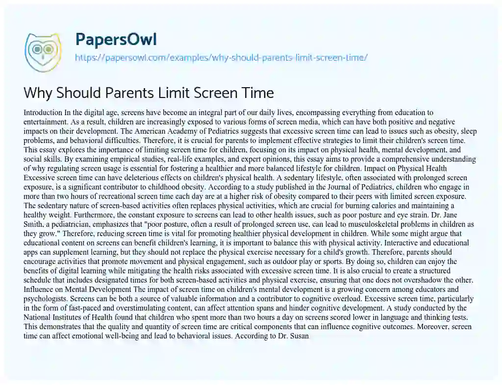 Essay on Why Should Parents Limit Screen Time