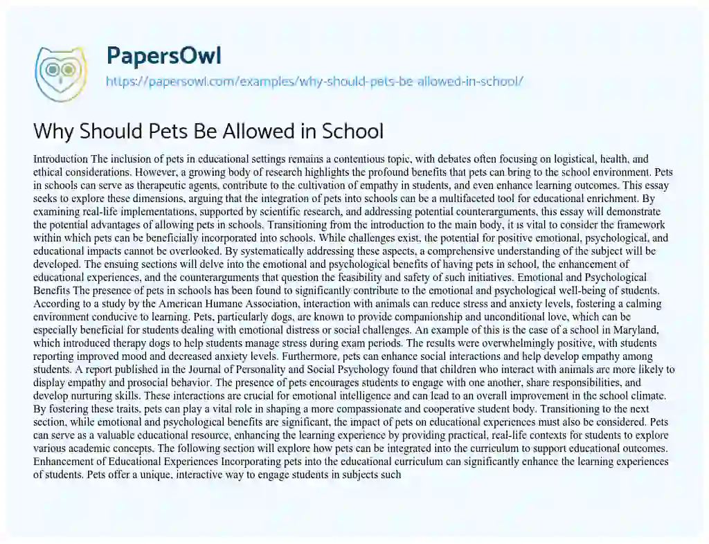 Essay on Why Should Pets Be Allowed in School
