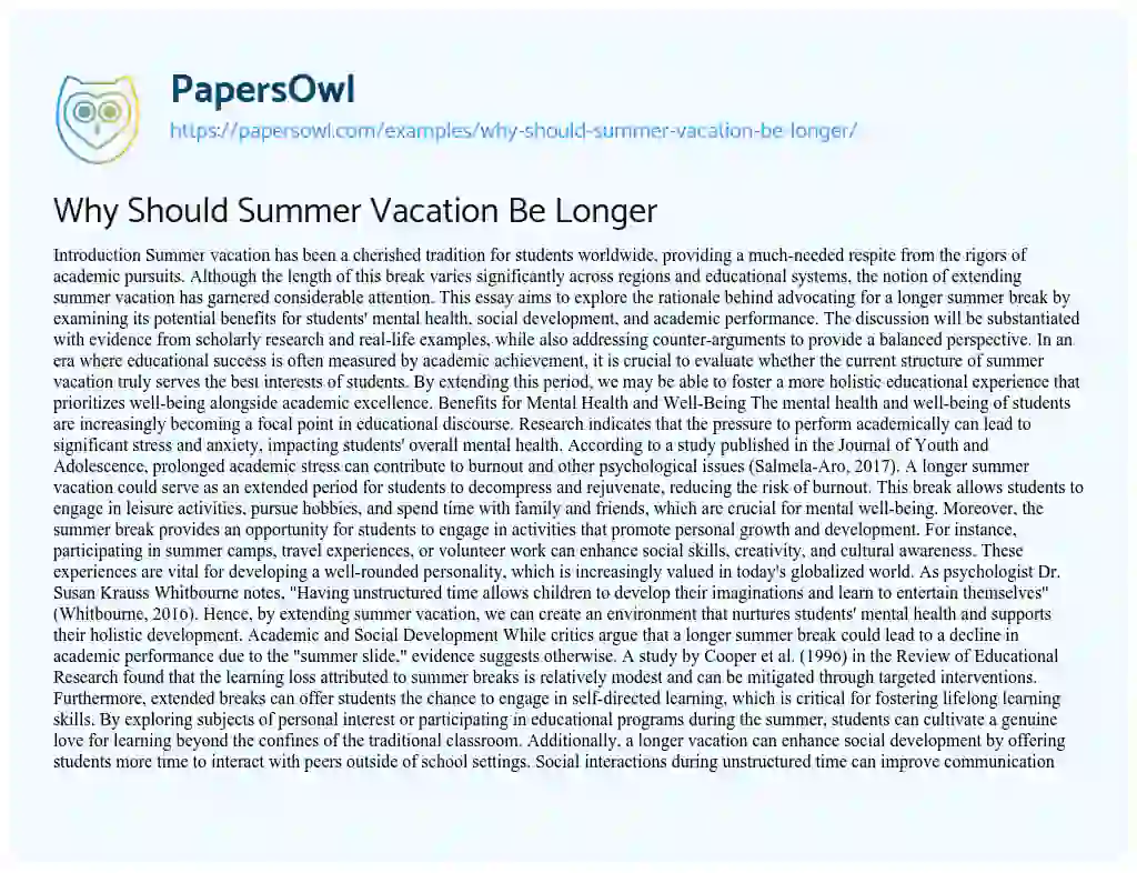 Essay on Why Should Summer Vacation Be Longer