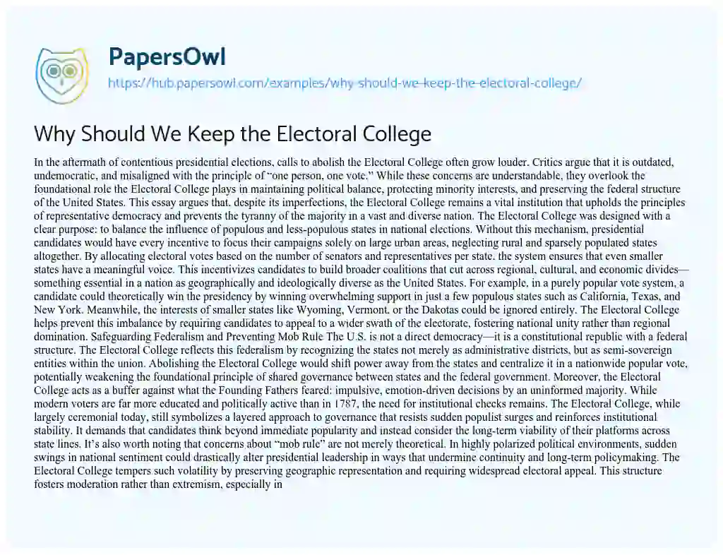 Essay on Why Should We Keep the Electoral College