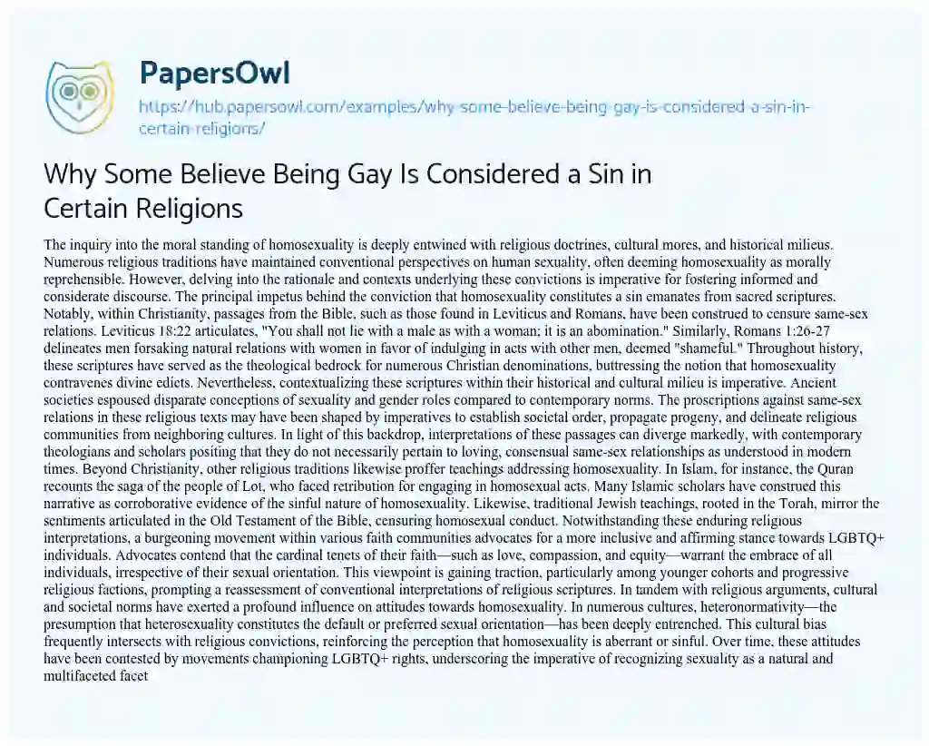 Essay on Why Some Believe Being Gay Is Considered a Sin in Certain Religions