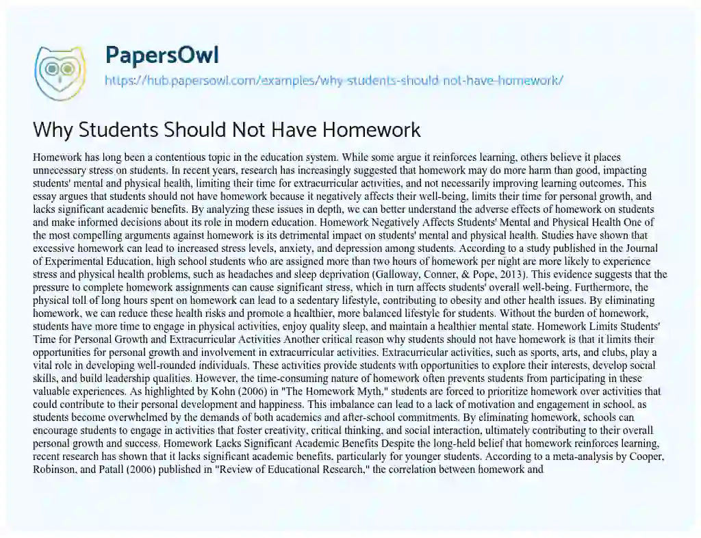 Essay on Why Students Should Not Have Homework