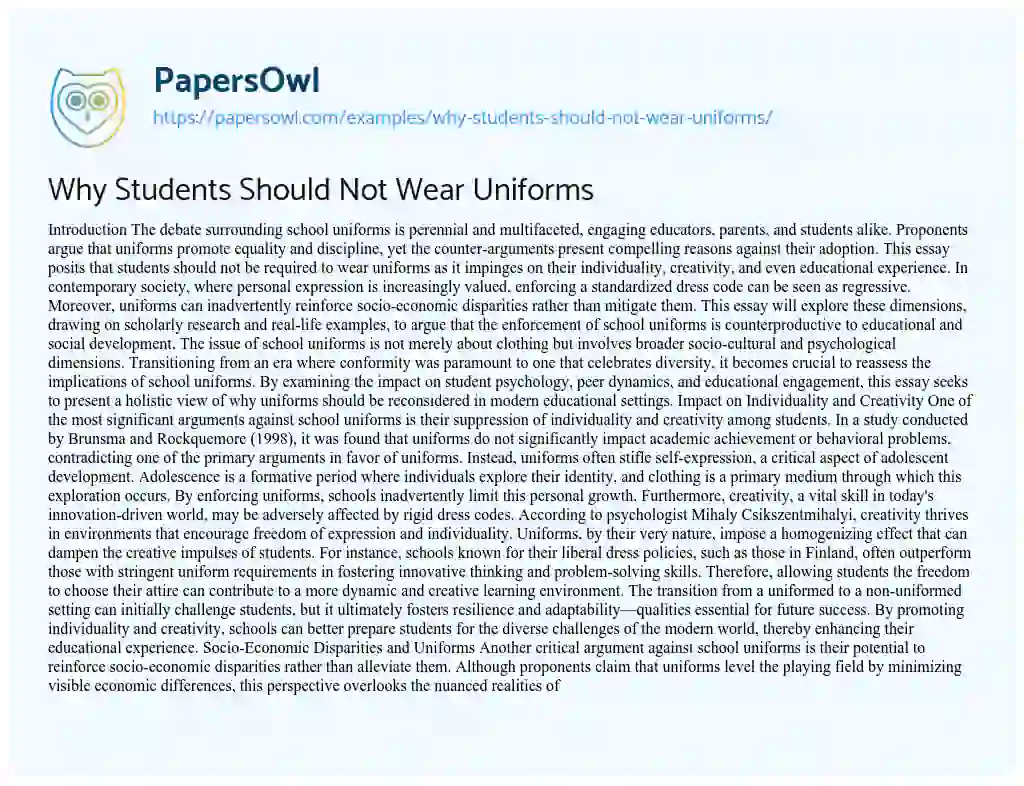 Essay on Why Students Should Not Wear Uniforms