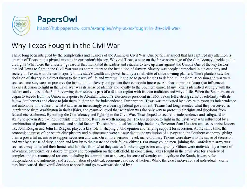 Essay on Why Texas Fought in the Civil War