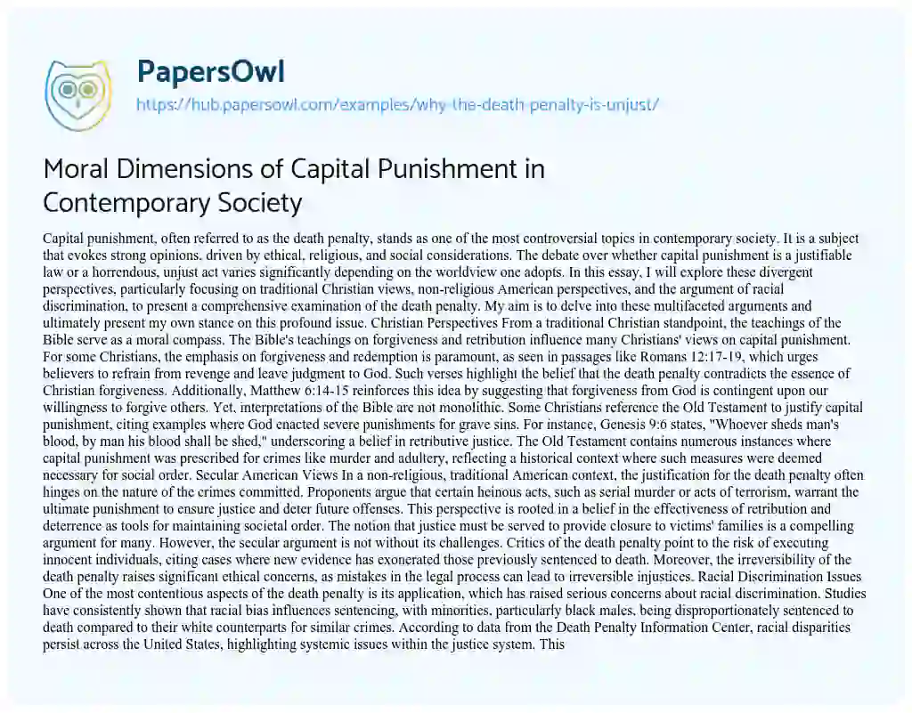 Essay on Moral Dimensions of Capital Punishment in Contemporary Society