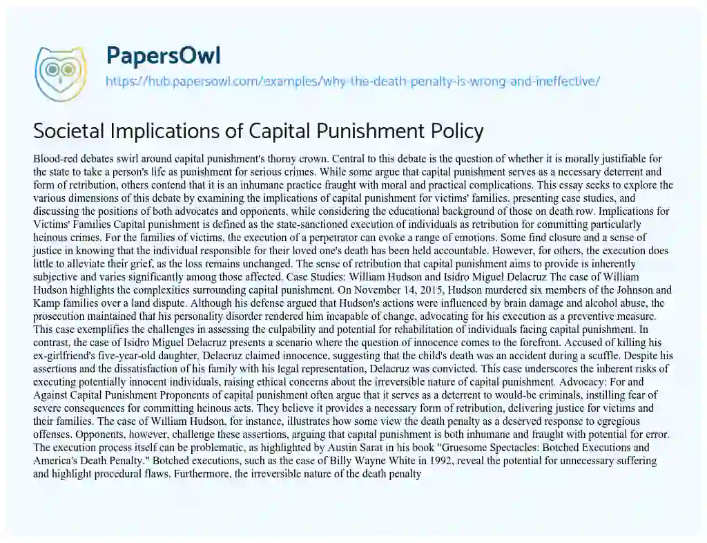 Essay on Societal Implications of Capital Punishment Policy