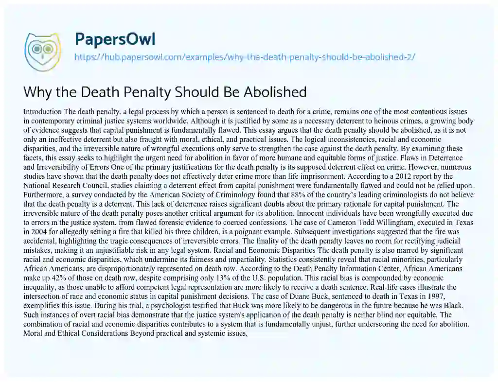 Essay on Why the Death Penalty Should Be Abolished