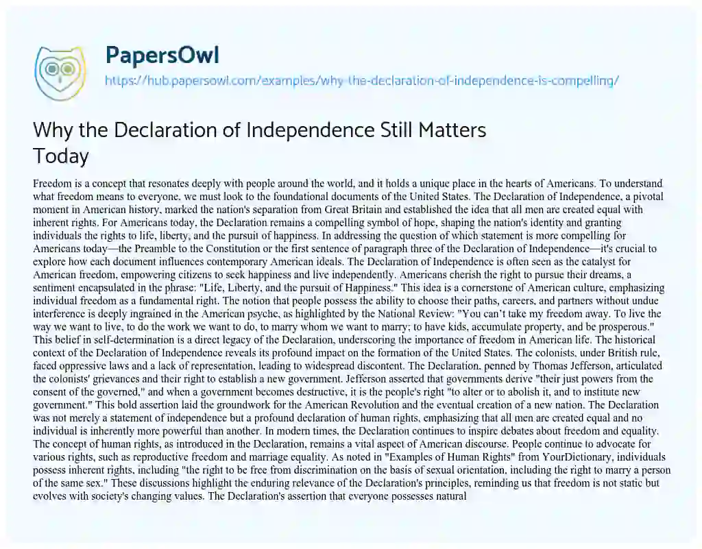 Essay on Why the Declaration of Independence Still Matters Today