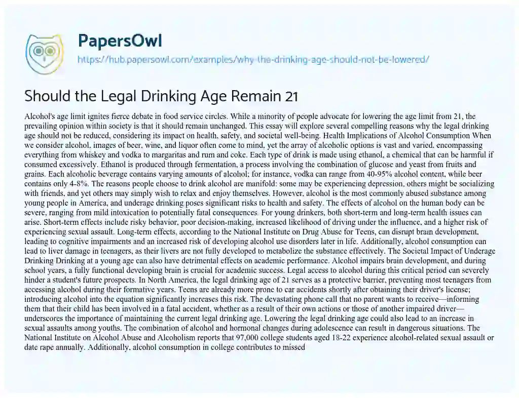 Essay on Should the Legal Drinking Age Remain 21