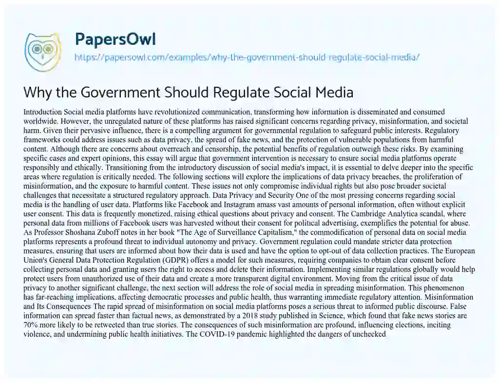 Essay on Why the Government Should Regulate Social Media