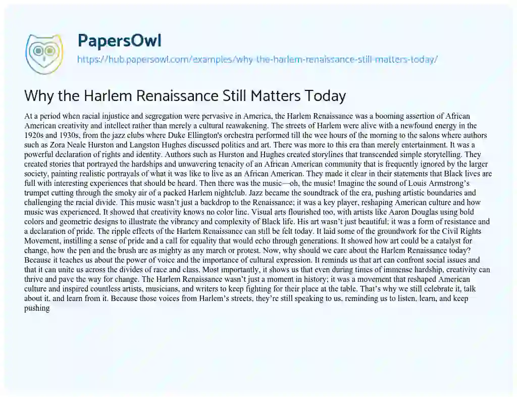 Essay on Why the Harlem Renaissance Still Matters Today