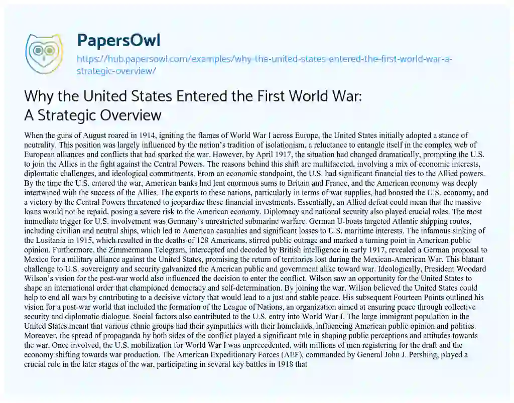 Essay on Why the United States Entered the First World War: A Strategic Overview