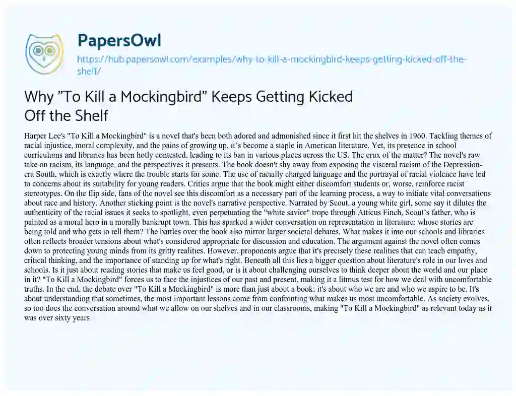 Essay on Why “To Kill a Mockingbird” Keeps Getting Kicked Off the Shelf