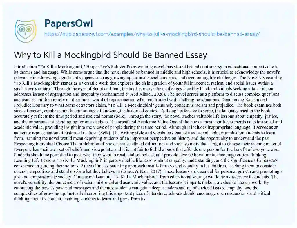 Essay on Why to Kill a Mockingbird Should Be Banned Essay