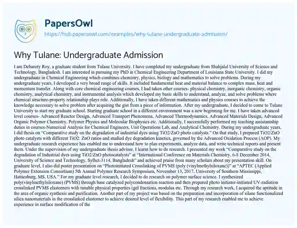 Essay on Why Tulane: Undergraduate Admission