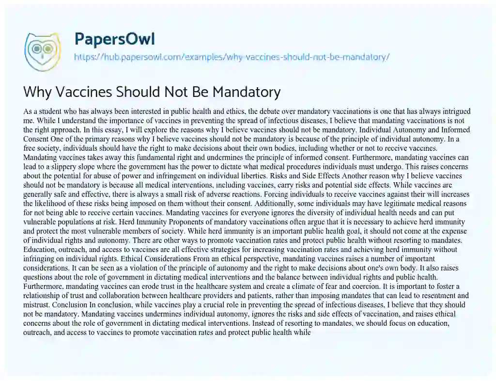 Essay on Why Vaccines Should Not Be Mandatory