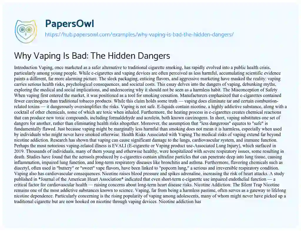 Essay on Why Vaping Is Bad: The Hidden Dangers