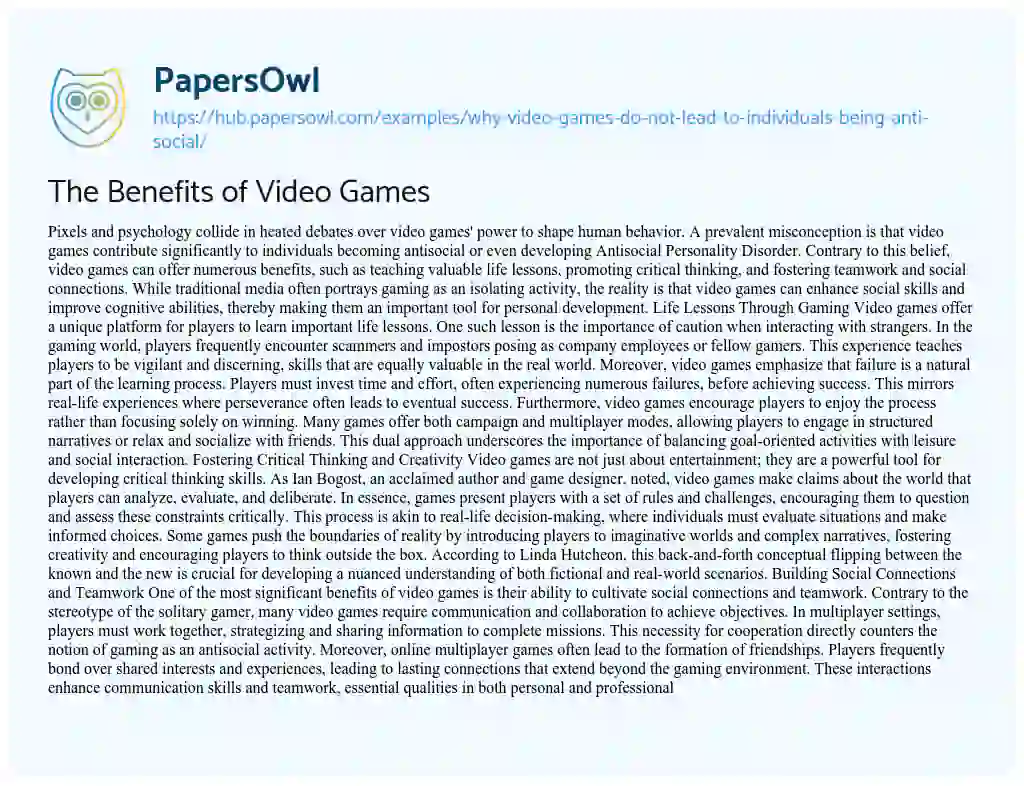 Essay on The Benefits of Video Games