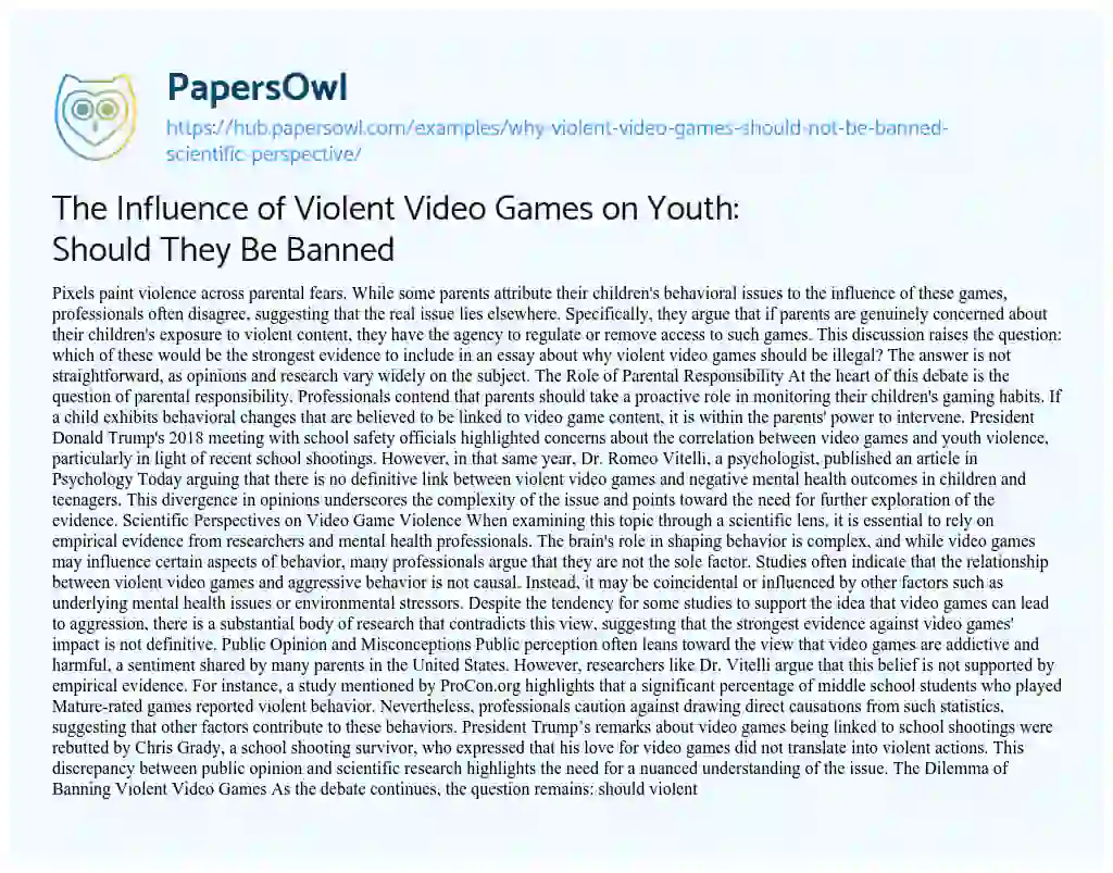 Essay on The Influence of Violent Video Games on Youth: Should They Be Banned