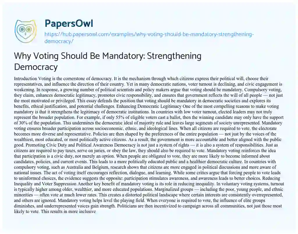 Essay on Why Voting Should Be Mandatory: Strengthening Democracy