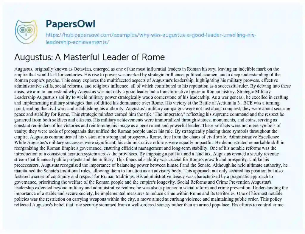 Essay on Augustus: A Masterful Leader of Rome