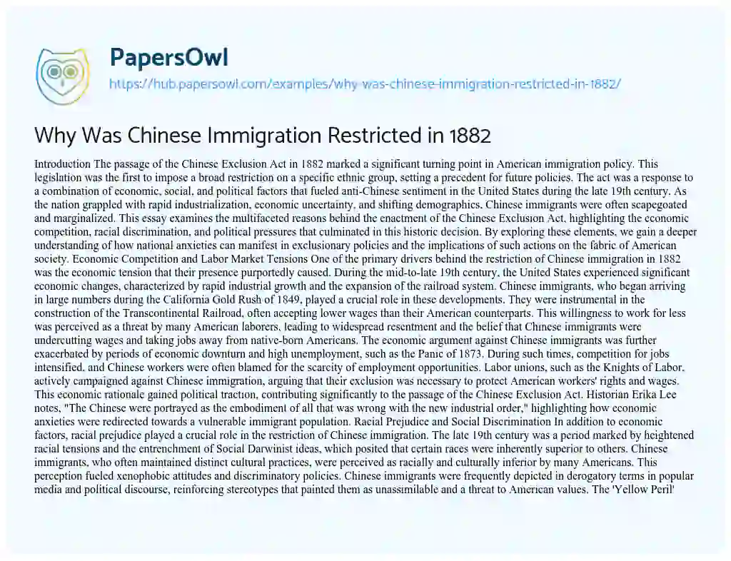 Essay on Why Was Chinese Immigration Restricted in 1882