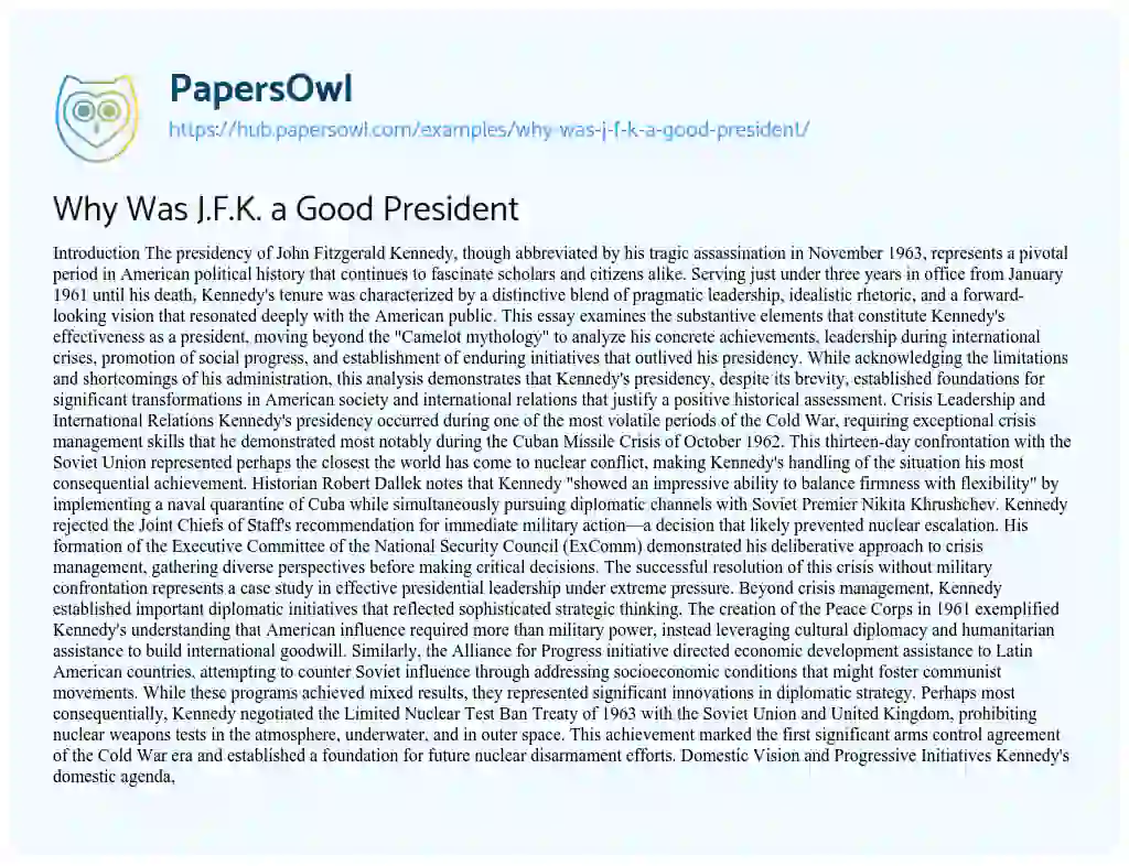 Essay on Why Was J.F.K. a Good President