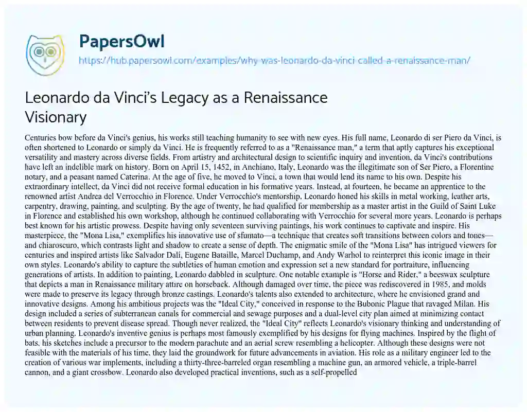 Essay on Leonardo da Vinci’s Legacy as a Renaissance Visionary
