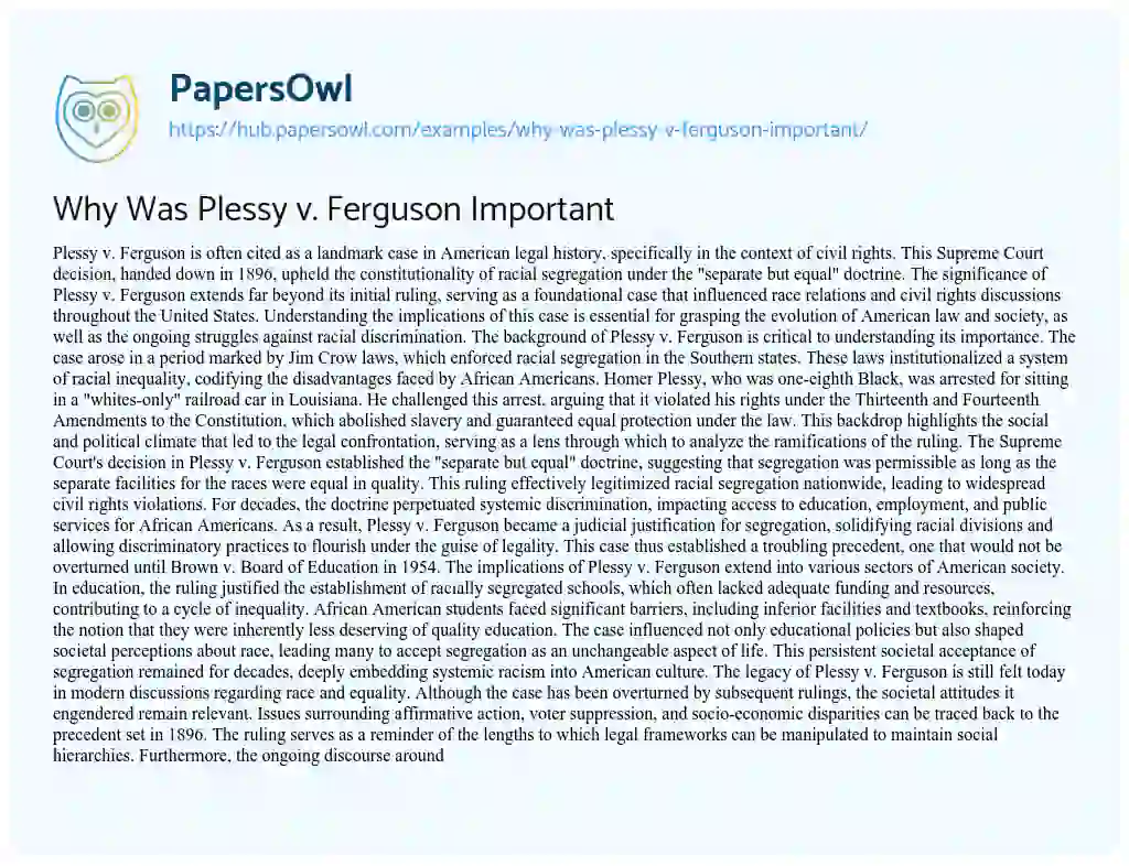 Essay on Why Was Plessy v. Ferguson Important