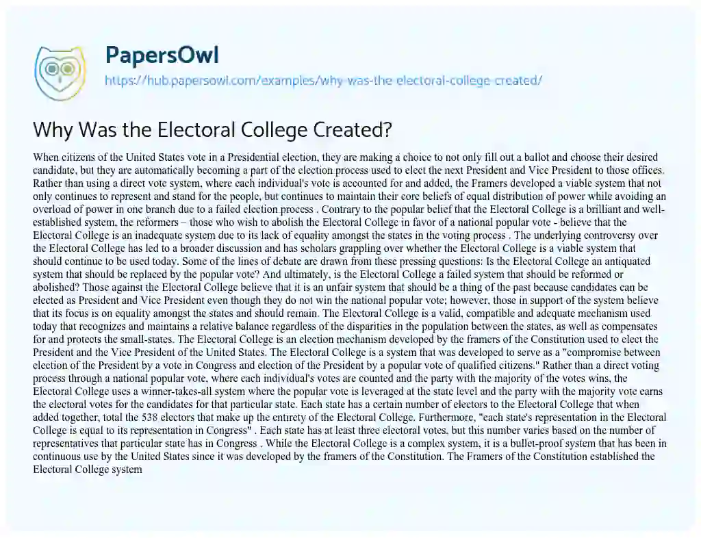 Essay on Why Was the Electoral College Created?