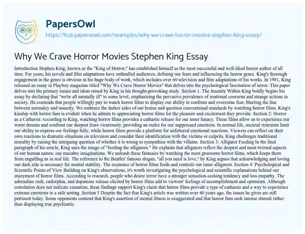 Essay on Why We Crave Horror Movies Stephen King Essay