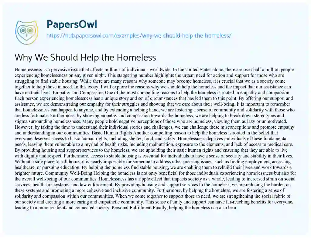 Essay on Why We Should Help the Homeless
