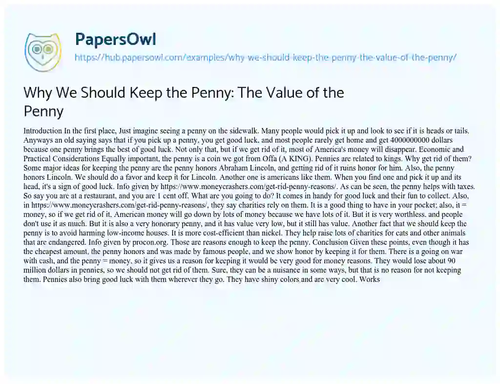 Essay on Why We Should Keep the Penny: The Value of the Penny