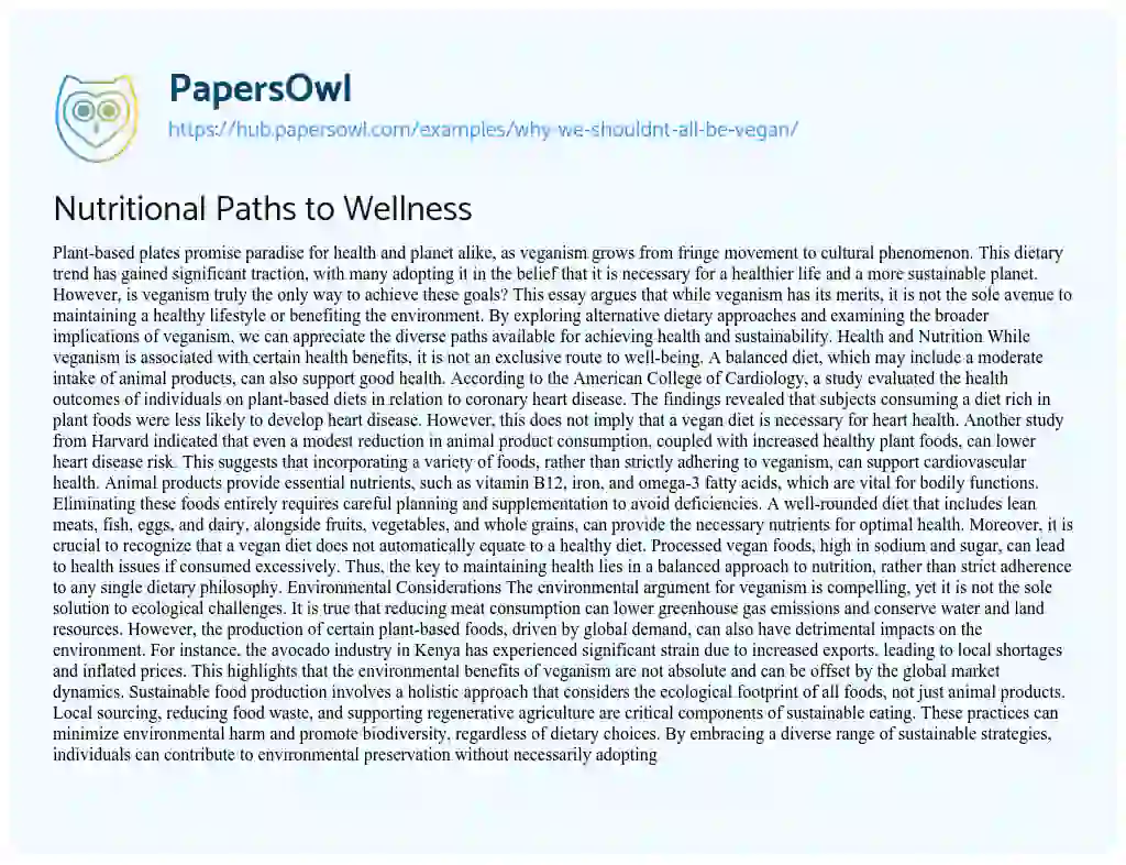 Essay on Nutritional Paths to Wellness