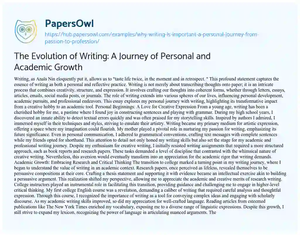 Essay on The Evolution of Writing: A Journey of Personal and Academic Growth