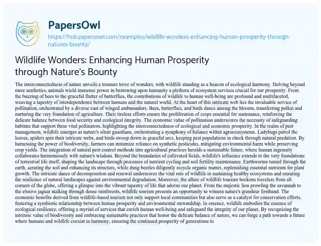 Essay on Wildlife Wonders: Enhancing Human Prosperity through Nature’s Bounty